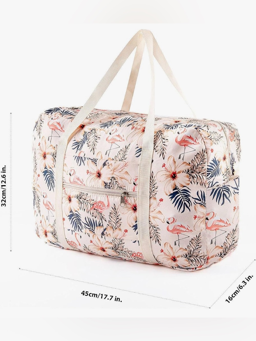 Narwey Beige Flamingo Foldable Travel Duffel Bag. Tropical flamingos & hibiscus. - Picture 15 of 15